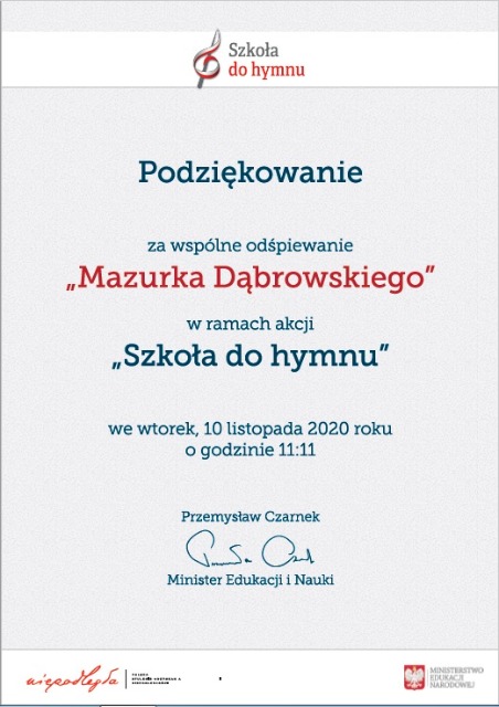SP Sokołowiec -  Podziękowania od Ministra Edukacji i Nauki