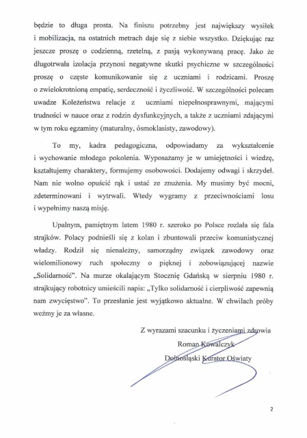SP Sokołowiec - List Dolnośląskiego Kuratora Oświaty