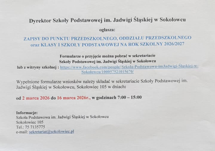 SP Sokołowiec - Zapisy do Punktu Przedszkolnego
